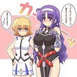  arisa_bannings belt blonde_hair blue_eyes blush breasts buckle cosplay earrings fate_testarossa fate_testarossa_(cosplay) fingerless_gloves flying_sweatdrops gauntlets gloves hairband highres jewelry kano-0724 large_breasts long_hair lyrical_nanoha magical_girl mahou_shoujo_lyrical_nanoha_strikers multiple_girls purple_hair short_hair skirt takamachi_nanoha takamachi_nanoha_(cosplay) translated tsukimura_suzuka 