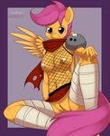  anthro anthrofied bandage equine female fishnet_shirt friendship_is_magic hair helmet horse kloudmutt mammal my_little_pony navel nude pauldron pegasus pony purple_eyes purple_hair pussy scarf scootaloo_(mlp) shoulder_guards sitting solo wings 