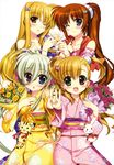  :3 :d :o ;o absurdres asteion blonde_hair blue_eyes blush blush_stickers bouquet bow breasts brown_hair bunny cat cleavage drink einhart_stratos fate_testarossa flower fujima_takuya green_eyes green_hair highres japanese_clothes kimono long_hair lyrical_nanoha mahou_shoujo_lyrical_nanoha_vivid medium_breasts multiple_girls off_shoulder one_eye_closed open_mouth purple_eyes red_eyes ribbon sacred_heart scan scarf side_ponytail smile takamachi_nanoha v vivio 