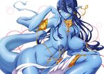  armlet blue_hair blue_skin breasts genie jeibii jewelry large_breasts long_hair magi_the_labyrinth_of_magic navel_piercing necklace nipple_piercing nipples nude paimon piercing pointy_ears purple_eyes pussy solo white_background 