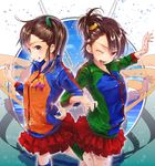  ;d blush brown_eyes brown_hair bubble futami_ami futami_mami grin idolmaster idolmaster_(classic) leg_up locked_arms long_hair looking_at_viewer multiple_girls one_eye_closed one_side_up open_mouth siblings side_ponytail sisters skirt smile twins water wet yae_(mono110) zipper 