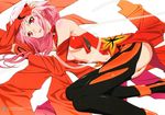  artist_request ass bodysuit boots breasts center_opening guilty_crown leotard lying medium_breasts midriff navel official_art on_side pink_hair red_eyes red_leotard revealing_clothes simple_background solo stomach thighhighs underboob white_background yuzuriha_inori 