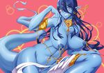  armlet blue_hair blue_skin breasts genie jeibii jewelry large_breasts long_hair magi_the_labyrinth_of_magic navel_piercing necklace nipple_piercing nipples nude paimon piercing pointy_ears purple_eyes pussy solo white_background 