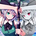  arm_up bow dual_persona flower green_eyes hair_ribbon hairband holding katana konpaku_youmu konpaku_youmu_(ghost) looking_at_viewer multiple_girls nikka_(cryptomeria) petals red_eyes ribbon scabbard sheath short_hair short_sleeves silver_hair skirt smile sword touhou unsheathing vest weapon 