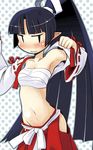  armpits black_hair blush collarbone detached_sleeves disgaea highres japanese_clothes midriff miko navel pointy_ears polka_dot polka_dot_background ponytail ronin_(disgaea) sarashi solo sweat t_t takura_mahiro wide_ponytail 