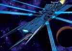  aircraft_carrier battle blue_noa laser no_humans planet space space_craft spacecraft star uchuu_kuubo_blue_noa warship weapon yanagi-3 