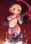  blonde_hair bow breasts gloves hair_bow highres holding horns leg_up looking_at_viewer medium_breasts original red_eyes sawada_yuusuke scythe short_hair short_shorts shorts solo thighhighs white_legwear wings 