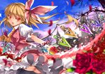  :d ascot black_legwear blonde_hair blush fang flandre_scarlet flower hair_ribbon karlwolf long_hair looking_at_viewer no_hat no_headwear open_mouth petals red_eyes red_flower red_rose revision ribbon rose side_ponytail skirt smile solo thighhighs touhou wind wings 