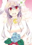  animal_ears blush bouquet breasts bunny_ears crescent dress elbow_gloves flower gloves long_hair medium_breasts open_mouth purple_hair red_eyes reisen_udongein_inaba solo touhou tsushima_shigure veil wedding_dress 