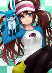  bad_id bad_pixiv_id black_legwear blue_eyes bow brown_hair checkered checkered_background double_bun gen_4_pokemon glaceon long_hair looking_at_viewer mei_(pokemon) pantyhose pokemon pokemon_(creature) pokemon_(game) pokemon_bw2 raglan_sleeves ribbon shorts smile twintails visor_cap yukinojou_yakan 