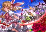  :d ascot bad_id bad_pixiv_id black_legwear blonde_hair blush fang flandre_scarlet flower hair_ribbon karlwolf long_hair looking_at_viewer no_hat no_headwear open_mouth petals red_eyes red_flower red_rose ribbon rose side_ponytail skirt smile solo thighhighs touhou wind wings 