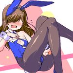  animal_ears brown_hair bunny_ears bunny_tail bunnysuit covered_eyes detached_collar flat_chest freckles hair_over_eyes isshitaira kazoku_game long_hair lowres oekaki open_mouth pantyhose shaded_face tail toono_kanna wrist_cuffs 
