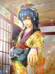  bird blue_hair crossdressing hair_ornament hakuouki_reimeiroku hakuouki_shinsengumi_kitan highres ibuki_ryunosuke japanese_clothes kimono lipstick long_hair makeup male_focus obi oiran otoko_no_ko plover_(animal) sash solo yellow_eyes 