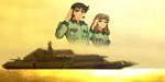  1boy 1girl blue_noa brown_eyes brown_hair domon_kei kusaka_shin military military_uniform ocean salute sky sunset tenkai-no-shinshi tenkai_no_shinshi uchuu_kuubo_blue_noa uniform 