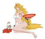  alcohol bikini blonde_hair bottle chain fang geta highres horn hoshiguma_yuugi long_hair pose red_eyes sake_bottle solo swimsuit touhou versapro 