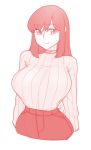  1girl arms_at_sides bangs breasts cropped_arms cropped_torso ekz_(drawfag) expressionless eyebrows_visible_through_hair highres huge_breasts long_hair long_sleeves monochrome original red ribbed_sweater shirt_tucked_in simple_background sketch solo sweater upper_body white_background 