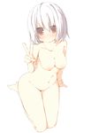  absurdres blush breasts collarbone highres kneeling looking_at_viewer medium_breasts nude original red_eyes short_hair simple_background solo tabuchi_(tabuchisanchi) v white_background white_hair 