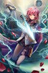  1girl arrow bangs belt belt_buckle black_gloves blue_eyes boots bow_(weapon) brown_belt buckle final_fantasy final_fantasy_xiii fingerless_gloves gloves green_skirt hair_between_eyes hair_over_shoulder holding holding_bow_(weapon) holding_weapon horse lightning lightning_farron long_hair looking_at_viewer miniskirt odin_(final_fantasy) open_mouth petals pink_hair sasanomesi shoulder_pads skirt solo thigh_strap weapon 