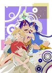  3boys :d ^_^ aladdin_(magi) ali_baba_saluja bad_id bad_pixiv_id blonde_hair blue_eyes braid closed_eyes grin hug indesign jewelry magi_the_labyrinth_of_magic morgiana multiple_boys one_side_up open_mouth outline purple_hair red_eyes red_hair ring sinbad_(magi) single_braid smile turban yellow_eyes 