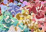  3girls blonde_hair blue_eyes blue_hair blue_scarf bracelet dress elbow_gloves flower garter_straps garters gloves green_eyes green_hair hair_ribbon hat hatsune_miku headdress high_heels hitobashira_alice_(vocaloid) jewelry kagamine_len kagamine_rin kaito kneehighs ling_tian_nailad long_hair meiko mismatched_legwear multiple_boys multiple_girls red_eyes ribbon rose scarf shoes shorts sword thighhighs twintails very_long_hair vocaloid weapon yellow_eyes 