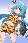  1boy animal_print bike_shorts blue_hair club commentary fukurou_(owl222) hacka_doll hacka_doll_3 highres holding holding_weapon kanabou long_hair midriff navel oni_costume oni_horns purple_eyes setsubun simple_background solo strap_slip trap weapon 