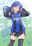  2012 black_legwear blue_hair confetti dated fc_internazionale_milano flat_chest hair_flip idolmaster idolmaster_(classic) inoue_sora italy kisaragi_chihaya long_hair long_sleeves nike purple_eyes serie_a shorts signature soccer soccer_uniform solo sportswear sweat thighhighs 