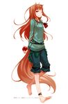  ;) absurdres animal_ears ankleband anklet apple arms_behind_back ayakura_juu barefoot brown_hair capri_pants feet food fruit full_body highres holo jewelry long_hair one_eye_closed pants pouch red_eyes scan simple_background smile solo spice_and_wolf tail toes wolf_ears wolf_girl wolf_tail 