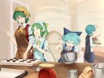  4girls :d ^_^ antennae apron ascot asutora bangs black_cape blue_bow blue_dress blue_eyes blue_hair blue_shorts blush bow bowl breasts brown_apron cape cirno closed_eyes commentary_request cowboy_shot daiyousei dress eyebrows_visible_through_hair eyes_closed fairy_wings green_apron green_eyes green_hair hair_between_eyes hair_bow hand_up head_scarf holding holding_bowl index_finger_raised indoors kazami_yuuka large_breasts long_sleeves looking_at_another measuring_cup medium_breasts mixing_bowl multiple_girls one_side_up open_mouth pinafore_dress plaid plaid_skirt plaid_vest red_skirt red_vest shirt short_hair short_sleeves shorts skirt skirt_set smile standing touhou upper_body v-shaped_eyebrows vest weighing_scale whisk white_shirt wings wriggle_nightbug yellow_neckwear 