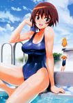  :d absurdres azumanga_daiou blush breasts brown_eyes brown_hair chiyo_chichi cleavage erect_nipples highres kagura large_breasts mihama_chiyo one-piece_swimsuit open_mouth satou_shouji school_swimsuit short_hair sitting smile swimsuit twintails wet 