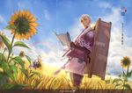  axis04 backpack bag bug bunny butterfly eyepatch flower grass insect japanese_clothes pixiv_fantasia pixiv_fantasia_sword_regalia rainbow red_eyes scroll standing sunflower white_hair wooden_box 