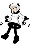  1girl 404 animal_ears artist_request fur_trim gloves http_status_code looking_at_viewer open_mouth orange_eyes original paw_print pom_pom_(clothes) short_hair simple_background solo white_background white_hair 