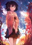  1girl absurdres autumn autumn_leaves brown_eyes brown_hair cowboy_shot highres hiryuu_(kantai_collection) kaamin_(mariarose753) kantai_collection skirt smile tree wide_sleeves 