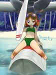  a6m2-n aircraft airplane alternate_eye_color arm_support artist_name beach bikini dated goggles goggles_on_head military nasa-chan navel no_nose ocean peacock_(p-location) propeller red_eyes red_hair seaplane shore short_hair short_twintails signature solo sweet_aviation_model_div. swimsuit tree twintails water 