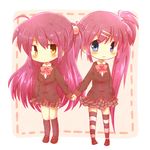  blue_eyes bow brown_eyes futaki_kanata holding_hands kabuyou little_busters! long_hair multiple_girls pink_bow plaid plaid_skirt purple_hair saigusa_haruka school_uniform side_ponytail skirt striped striped_legwear thighhighs 