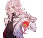  apple border coat food fruit gloves long_hair looking_at_viewer male_focus mamefuku mawaru_penguindrum pink_eyes pink_hair revision simple_background smirk solo turtleneck watase_sanetoshi white_gloves 