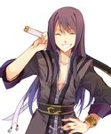  ^_^ black_hair blush closed_eyes collarbone grin holding katana looking_at_viewer male_focus simple_background smile solo suzushiro_kurumi sword tales_of_(series) tales_of_vesperia weapon white_background yuri_lowell 