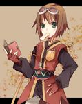  blush book brown_hair fingerless_gloves food gloves goggles goggles_on_head green_eyes holding holding_book letterboxed looking_at_viewer magnifying_glass mouth_hold open_book rita_mordio sandwich short_hair solo suzushiro_kurumi tales_of_(series) tales_of_vesperia 