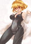  :o ahoge blonde_hair blush braid breasts jubeat knit_(pop'n_music) large_breasts looking_down minnku navel open_mouth pop'n_music short_hair skin_tight solo sweatdrop sweater torn_clothes yellow_eyes 