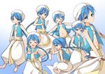  1boy aladdin_(magi) barefoot blue_background blue_eyes blue_hair blush braid eyes_closed flute headwear_removed highres instrument jewelry long_hair magi_the_labyrinth_of_magic midriff multiple_views navel necklace open_mouth ryuuki_(eruk8993) sandals simple_background single_braid sitting smile turban 