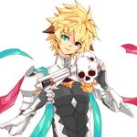  armor b.nal bad_id bad_pixiv_id blonde_hair chung_seiker deadly_chaser_(elsword) elsword gloves green_eyes gun heterochromia male_focus red_eyes scarf skull solo spiked_hair tears weapon white_background 