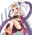  :o bare_shoulders barefoot blush crossed_arms earrings elf feet gem halterneck headpiece jewelry knee_up long_hair looking_at_viewer minnku open_mouth pandora_(rune_factory) pink_eyes pointy_ears rune_factory rune_factory_oceans sapphire_(stone) sitting soles solo toes white_hair 