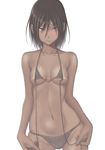  bikini black_eyes black_hair blush cowboy_shot dark_skin micro_bikini muffin_(sirumeria) original short_hair solo swimsuit tan tanline untied untied_bikini 