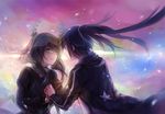  black_hair black_rock_shooter black_rock_shooter_(character) blue_eyes dead_master eye_contact face-to-face glasses green_eyes holding_hands hood hooded_jacket horns interlocked_fingers jacket long_hair looking_at_another multiple_girls open_mouth star twintails yukihomu 
