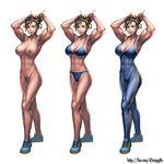  abs alternate_costume armpits arms_up biceps bikini bodysuit breasts brown_hair chun-li cleavage double_bun flexing hair_ribbon highres large_breasts muscle muscular_female nipples nude nudtawut_thongmai pose pubic_hair ribbon shoes skin_tight smile sneakers solo standing street_fighter street_fighter_zero_(series) swimsuit 