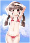  armpits arms_up bare_shoulders bikini brown_eyes brown_hair cloud day flat_chest highres long_hair looking_at_viewer navel noto_(soranoto) original revision sky smile solo swimsuit thigh_gap twintails 
