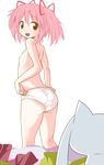  blush flat_chest highres kaname_madoka kyubey looking_back mahou_shoujo_madoka_magica nibi nipples open_mouth panties pink_hair simple_background smile topless underwear underwear_only white_background 