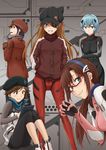  :3 animal_hat ayanami_rei beret black_bodysuit blue_eyes blue_hair blush bodysuit brown_eyes brown_hair cat_hat evangelion:_3.0_you_can_(not)_redo eyepatch glasses hands_in_pockets hat jacket katsuragi_misato long_hair makinami_mari_illustrious multiple_girls murata_isshin neon_genesis_evangelion plugsuit purple_hair rebuild_of_evangelion red-framed_eyewear red_eyes scarf semi-rimless_eyewear shikinami_asuka_langley short_hair souryuu_asuka_langley suzuhara_sakura track_jacket under-rim_eyewear 