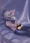  1girl animal_ears ass bed book cat_ears closed_eyes couple cuddling curtains dark_skin denim doraeshi elf elvaan final_fantasy final_fantasy_xi hetero highres jeans lace lace_panties lying mithra muscle panties pants pillow pointy_ears size_difference stretch tail thighhighs topless underwear water white_hair yawning 