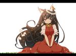  alternate_breast_size alternate_hair_length alternate_hairstyle animal_ears breast_squeeze breasts brown_eyes brown_hair cat_ears cat_tail chen dress earrings haruyonoto head_wreath highres jewelry large_breasts letterboxed long_hair looking_at_viewer multiple_tails nekomata no_hat no_headwear older puffy_sleeves red_dress shirt short_sleeves single_earring sitting smile solo tail touhou v_arms very_long_hair 