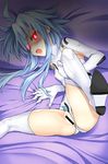  bad_id bad_pixiv_id blanc blue_hair blush breasts censored glowing glowing_eyes kamia_(not_found) leg_lift leotard neptune_(series) open_mouth partially_visible_vulva presenting pussy pussy_peek red_eyes shadow short_hair_with_long_locks small_breasts solo white_heart 